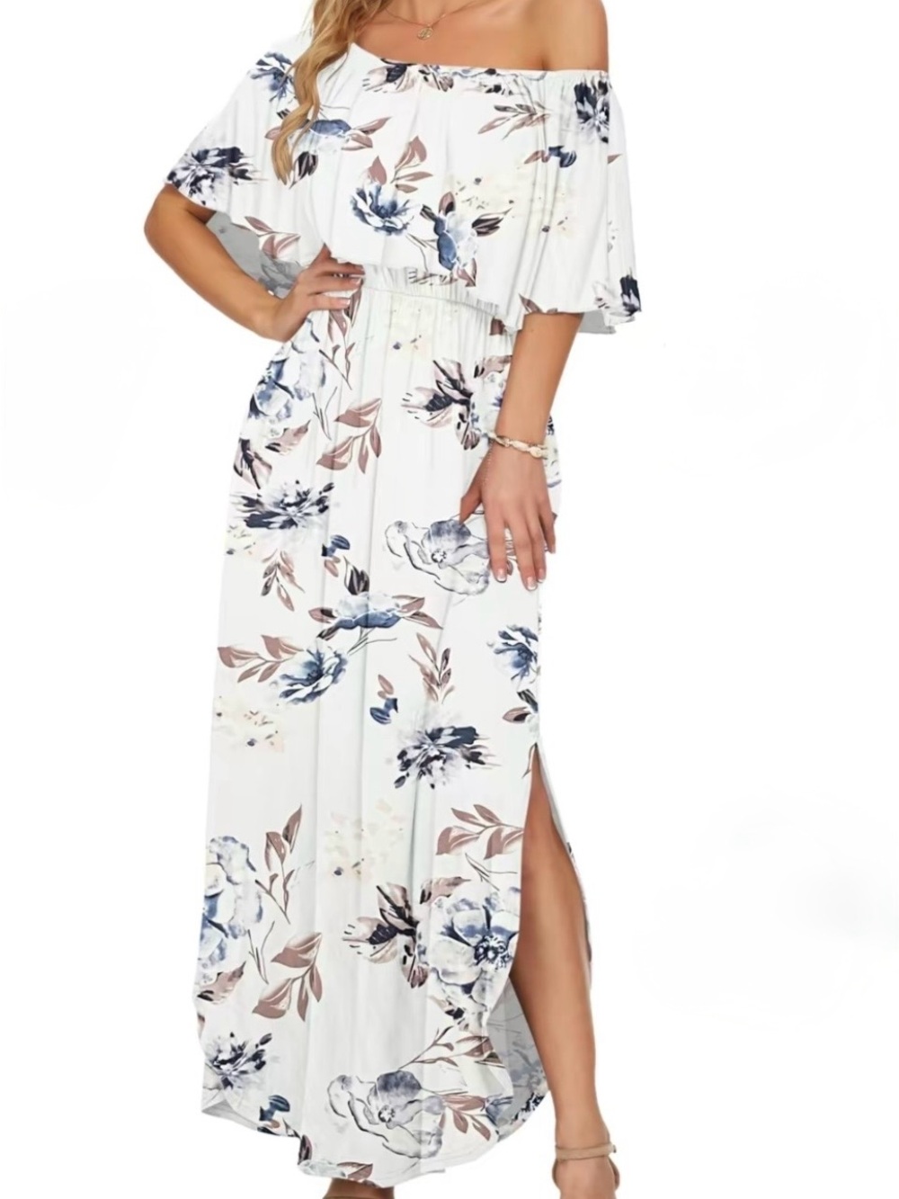 Auselily Off-Shoulder Floral Maxi Dress in White with Blue & Taupe